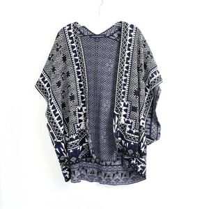 French Connection open shrug cardigan blue printed shawl thick warm ethnic Aztec